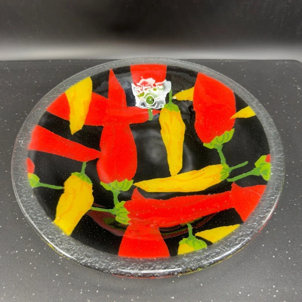 Fused Art Glass Chili Pepper‎ Bowl Red Yellow Black Southwestern Decor 10.5inch